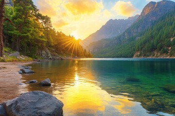 Poster - A serene lake at sunset, surrounded by mountains and lush trees, reflecting vibrant colors.
