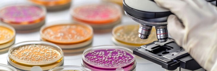 Poster - A microscope examines petri dishes filled with colorful cultures for scientific research.