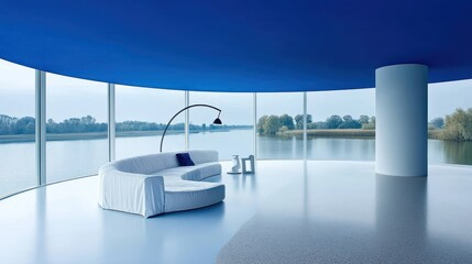 Poster - Modern interior design featuring a curved sofa and panoramic water views.