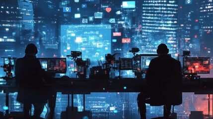 Fototapete - Two figures working at computer stations in a futuristic cityscape filled with digital screens.