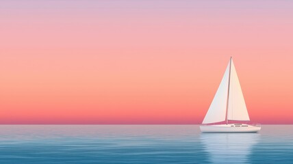  A serene sunset scene featuring a sailboat gliding across calm waters, with a gradient sky transitioning from pink to blue.