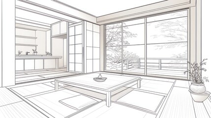 Aufkleber - Minimalist interior design featuring a spacious room with a view and traditional elements.