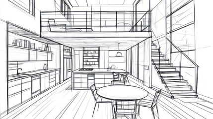 Poster - A minimalist architectural sketch of a modern open-concept living space.