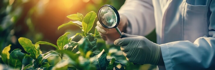 Aufkleber - A scientist examines plant leaves with a magnifying glass in a lush environment.