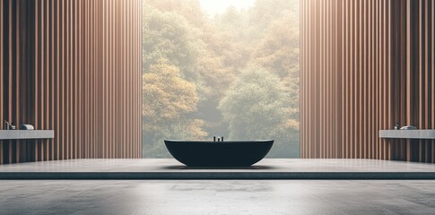 Leinwandbilder - A serene bathroom interior with a freestanding tub and large windows overlooking nature.