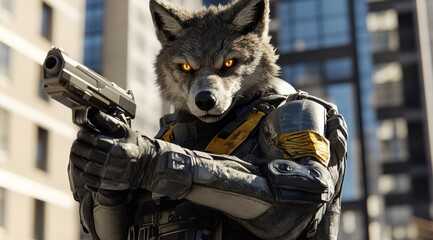 Poster - A humanoid wolf character in tactical gear, aiming a gun in an urban environment.