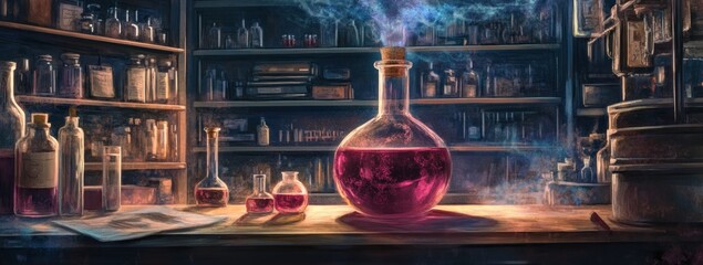 Poster - A mystical laboratory scene with colorful potions and smoke.