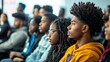 © KEOCHAN - A vibrant classroom filled with Black college students listening attentively to a professor, showcasing a positive learning environment