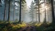 © Wachiraporn - Misty dawn forest with tall trees and lush greenery, peaceful woods, nature, foliage