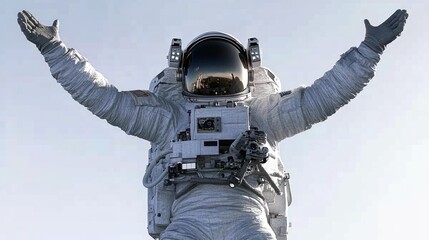 Poster - An astronaut in a spacesuit poses with arms raised against a clear sky.