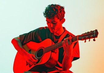 Aufkleber - A young man playing an acoustic guitar with colorful lighting.
