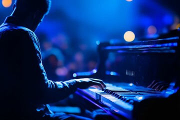 Poster - Silhouetted pianist plays keyboard, blue lighting.