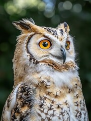 Poster - A close-up portrait of a majestic owl with striking yellow eyes and detailed feathers.