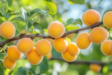 Wall Mural - Ripe apricots hanging on branch in orchard