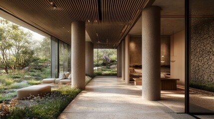 Leinwandbilder - A serene interior space with natural light and greenery, promoting relaxation and tranquility.