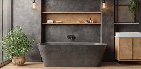 Aufkleber - Modern bathroom featuring a sleek tub, wooden shelves, and a plant for a serene atmosphere.