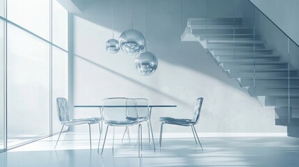 Aufkleber - Modern minimalist dining area with glass table and stylish lighting fixtures.