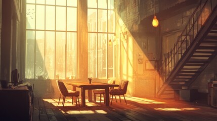 Aufkleber - A sunlit interior with a table and chairs, creating a warm and inviting atmosphere.