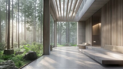 Leinwandbilder - A serene interior space merging with a lush forest landscape through large glass windows.