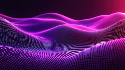 Poster - Abstract digital landscape with flowing waves of purple light and dots.