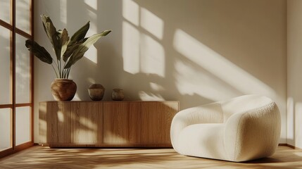 Poster - A serene interior space featuring a cozy chair, wooden furniture, and decorative plants.