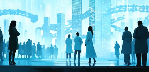 Aufkleber - A futuristic scene with scientists in lab coats observing advanced technology and data displays.