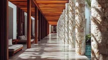 Leinwandbilder - A serene corridor in a modern architectural space, featuring natural light and stone pillars.