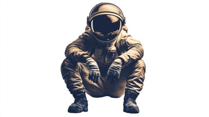 Poster - An astronaut in a golden suit squats, emphasizing a moment of contemplation or readiness.