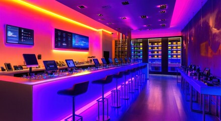 Poster - A modern, illuminated retail space showcasing technology products with a vibrant atmosphere.