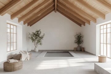 Aufkleber - A serene indoor space featuring a minimalist design with a small pool and natural elements.