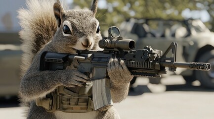 Poster - A cartoon squirrel wielding a rifle, dressed in tactical gear, in a playful yet serious scene.