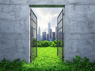 Leinwandbilder - A doorway opens to a vibrant green field with a city skyline in the background.