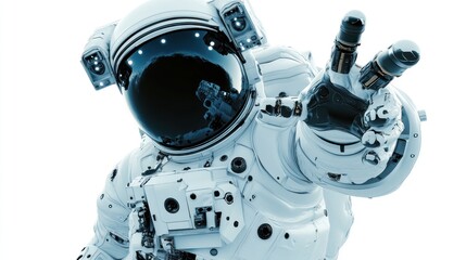 Poster - An astronaut in a futuristic space suit making a peace sign against a white background.