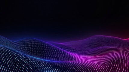 Poster - Abstract digital landscape with vibrant waves and dots in a dark setting.