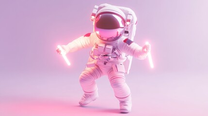 Leinwandbilder - A futuristic astronaut dances with glowing sticks in a vibrant, stylized environment.