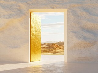 Leinwandbilder - A golden door opens to a serene landscape, symbolizing opportunity and exploration.