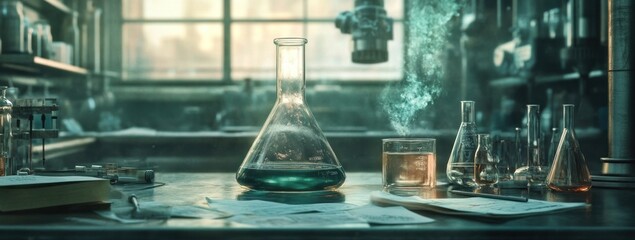 Poster - A laboratory scene with glassware and papers, suggesting scientific experimentation.