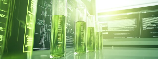 Aufkleber - Laboratory scene with green liquid in test tubes, suggesting scientific experimentation.