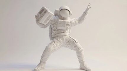 Leinwandbilder - A stylized astronaut striking a playful pose while holding a vintage device.