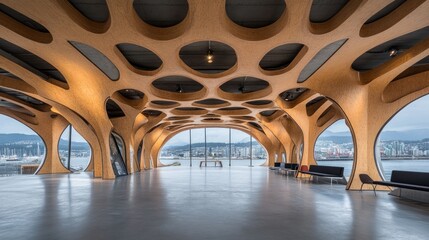 Aufkleber - Modern architectural interior with unique wooden structure and scenic views.