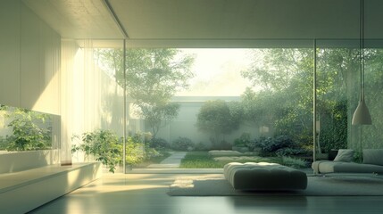 Leinwandbilder - A serene, modern living space with glass walls opening to a lush garden.