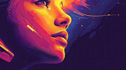 Wall Mural - Vibrant profile portrait of a woman, rendered in warm and cool colors, with dynamic brushstrokes.