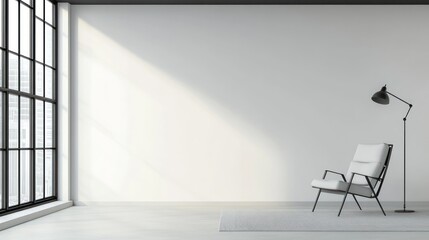 Poster - A minimalist interior featuring a chair and lamp by a large window with natural light.