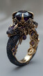 ©  iiulia - Intricate dragon-themed ring with a dark gemstone and ornate details. AI Generated