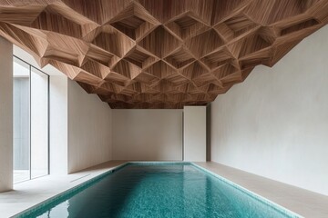Leinwandbilder - Modern indoor pool with a textured wooden ceiling and minimalist design.