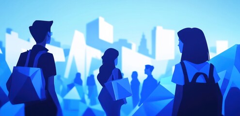 Fototapete - Silhouettes of people against a blue urban backdrop, suggesting collaboration and innovation.