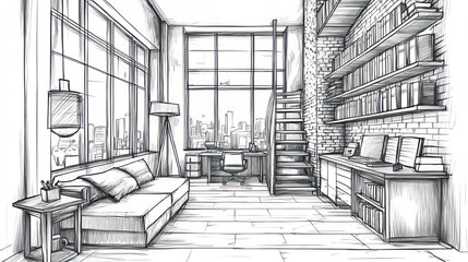 Aufkleber - A stylish, modern interior with a cozy living area, workspace, and staircase.