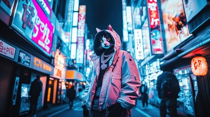 Leinwandbilder - A person wearing a cat mask stands in a vibrant, neon-lit urban street at night.