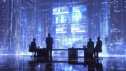 Fototapete - A futuristic boardroom with silhouettes discussing data in a high-tech environment.