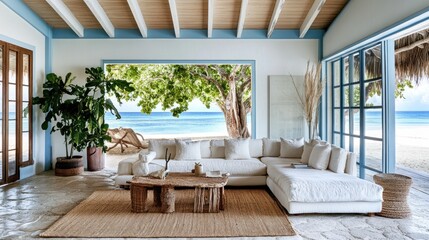 Aufkleber - A serene beachside living room featuring natural decor and ocean views.